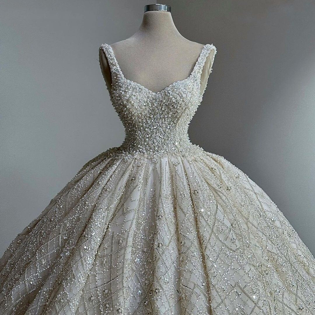 Casual Spaghetti Strap Beaded Wedding Dress Sequins A-Line Bridal Gown AP6875