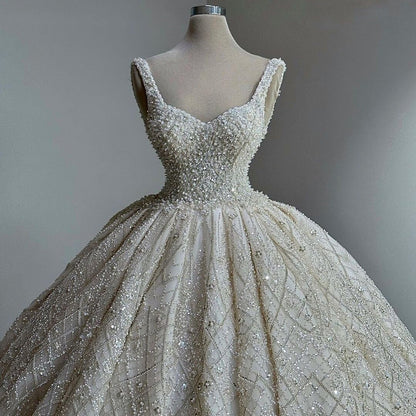 Casual Spaghetti Strap Beaded Wedding Dress Sequins A-Line Bridal Gown AP6875