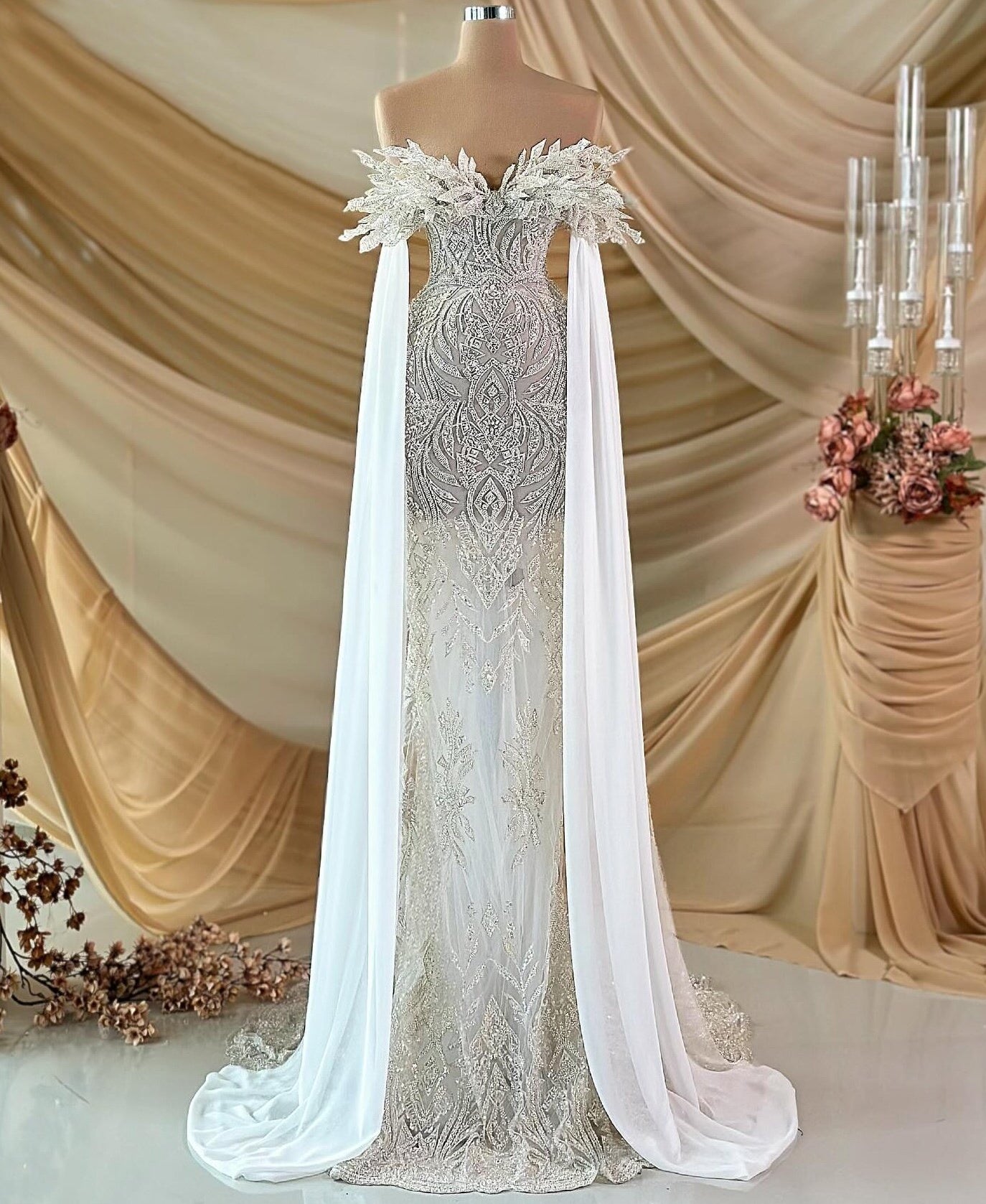 Retro Off-Shoulder Beaded Wedding Dress Sheath Bridal Dress AP6876
