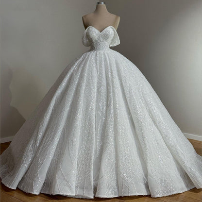 Fairy Off-Shoulder Wedding Dress Ideas Beads Sequins A-Line Bridal Gown AP6877