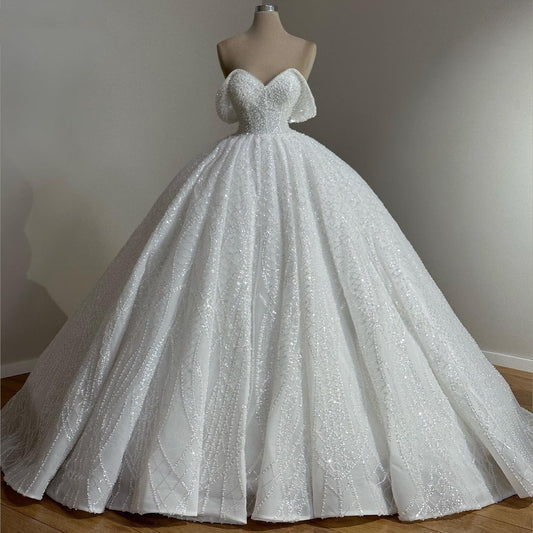 Fairy Off-Shoulder Wedding Dress Ideas Beads Sequins A-Line Bridal Gown AP6877