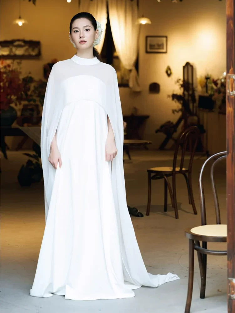 New Tendency Jewel Neck Wedding Dress Long Sleeve Cape A-Line Bridal Outfit AP6878