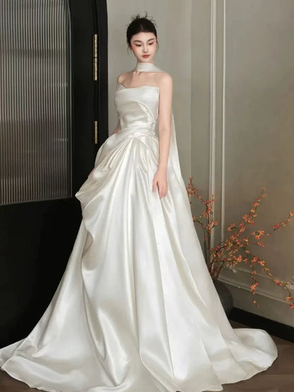 Y2K Style Strapless Satin Wedding Dress With Scarf Ruched A-Line Bridal Gown AP6879