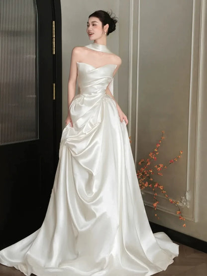 Y2K Style Strapless Satin Wedding Dress With Scarf Ruched A-Line Bridal Gown AP6879