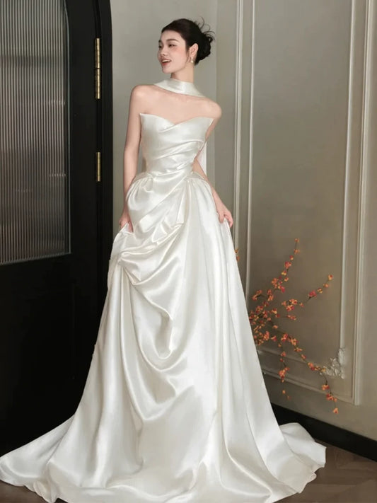 Y2K Style Strapless Satin Wedding Dress With Scarf Ruched A-Line Bridal Gown AP6879