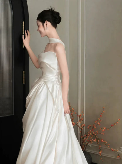 Y2K Style Strapless Satin Wedding Dress With Scarf Ruched A-Line Bridal Gown AP6879