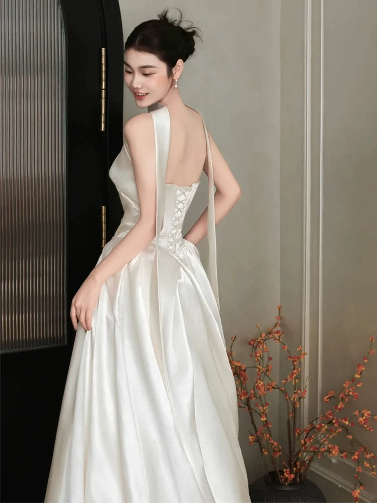 Y2K Style Strapless Satin Wedding Dress With Scarf Ruched A-Line Bridal Gown AP6879