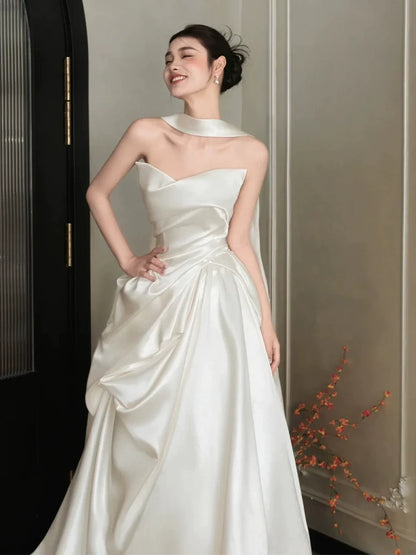 Y2K Style Strapless Satin Wedding Dress With Scarf Ruched A-Line Bridal Gown AP6879