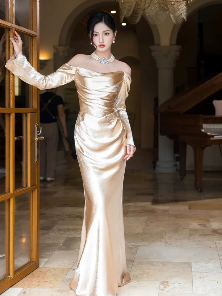 Boho-Inspired Off-Shoulder Gold Prom Dress Long Sleeve Sheath Formal Outfit AP6880