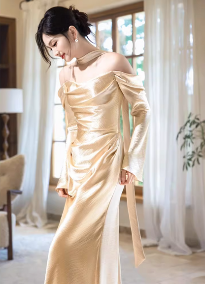 Boho-Inspired Off-Shoulder Gold Prom Dress Long Sleeve Sheath Formal Outfit AP6880