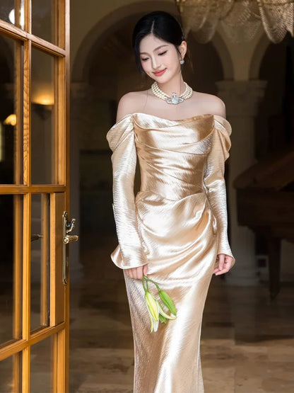 Boho-Inspired Off-Shoulder Gold Prom Dress Long Sleeve Sheath Formal Outfit AP6880