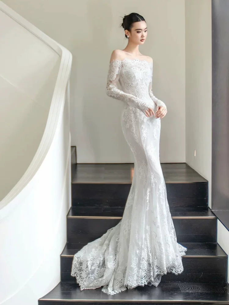 Lovely Off-Shoulder A-Line Wedding Dress Lace Long Sleeve Detachable Train Bridal Outfit AP6882