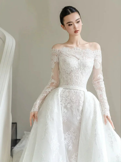 Lovely Off-Shoulder A-Line Wedding Dress Lace Long Sleeve Detachable Train Bridal Outfit AP6882