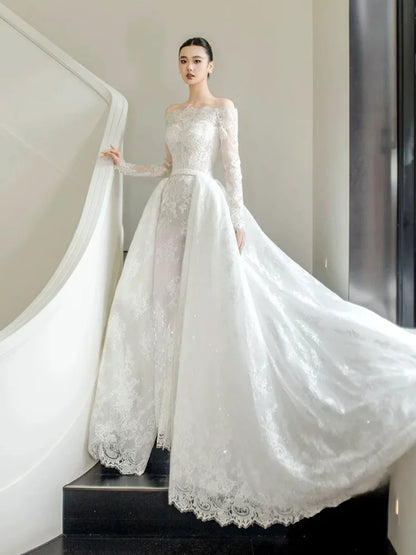 Lovely Off-Shoulder A-Line Wedding Dress Lace Long Sleeve Detachable Train Bridal Outfit AP6882