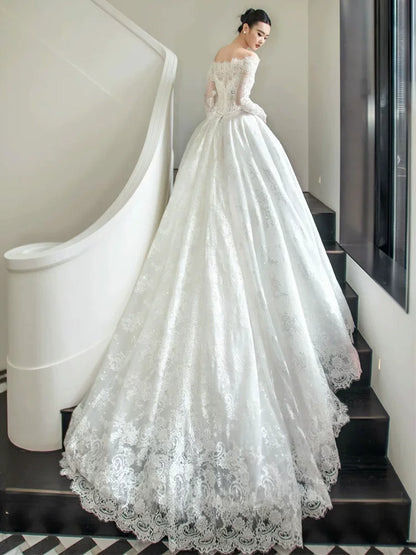 Lovely Off-Shoulder A-Line Wedding Dress Lace Long Sleeve Detachable Train Bridal Outfit AP6882
