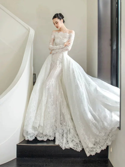 Lovely Off-Shoulder A-Line Wedding Dress Lace Long Sleeve Detachable Train Bridal Outfit AP6882