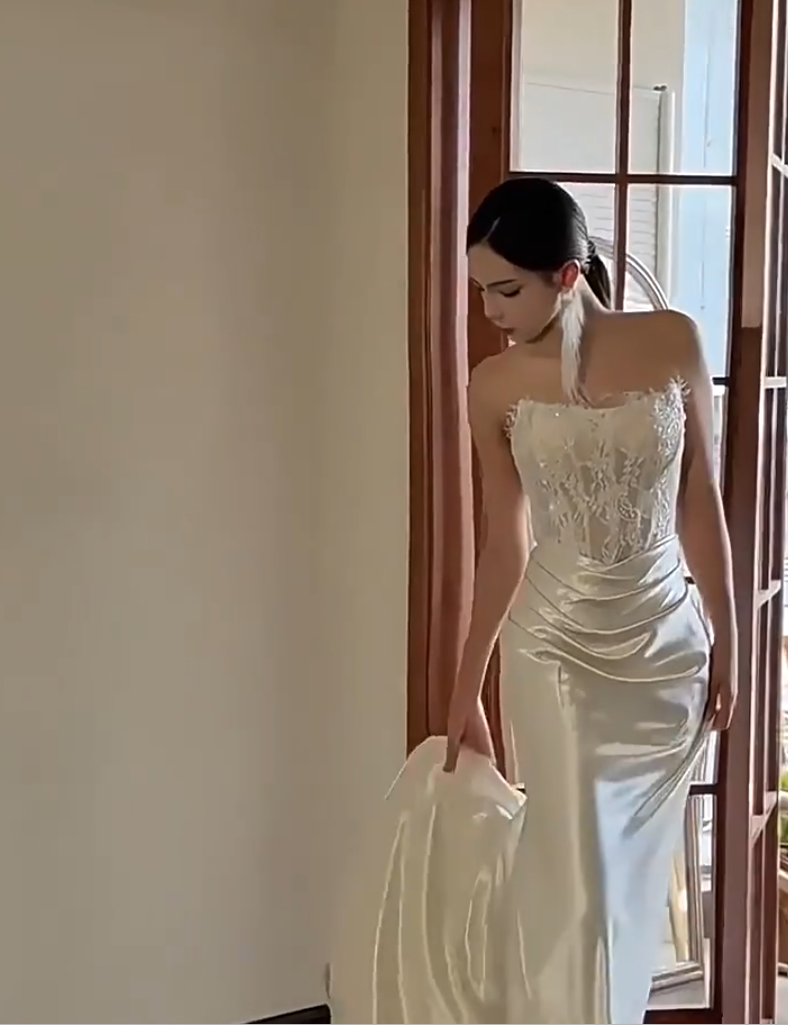 Refined Strapless Mermaid Wedding Dress Lace Sequins Satin Bridal Outfit AP6883