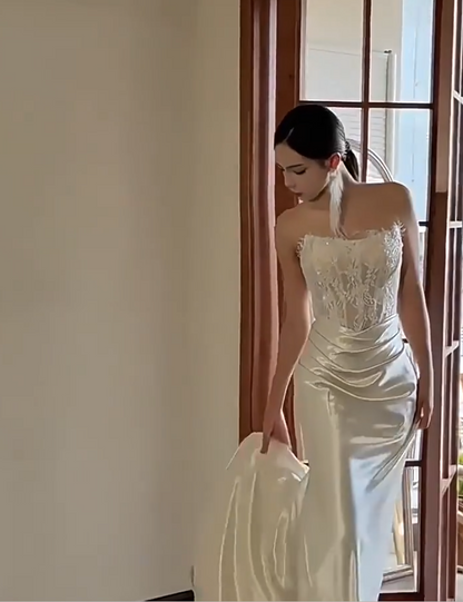 Refined Strapless Mermaid Wedding Dress Lace Sequins Satin Bridal Outfit AP6883