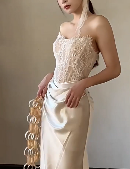 Refined Strapless Mermaid Wedding Dress Lace Sequins Satin Bridal Outfit AP6883