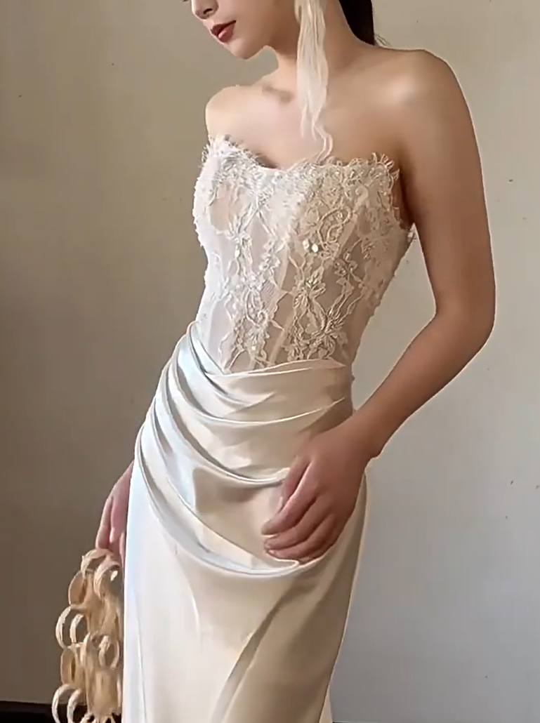 Refined Strapless Mermaid Wedding Dress Lace Sequins Satin Bridal Outfit AP6883