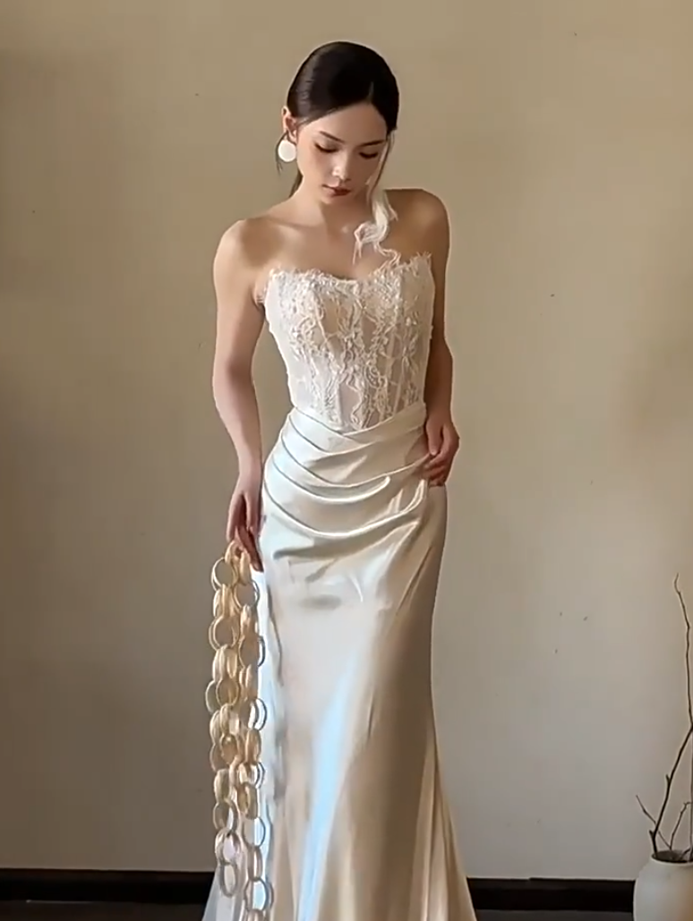 Refined Strapless Mermaid Wedding Dress Lace Sequins Satin Bridal Outfit AP6883