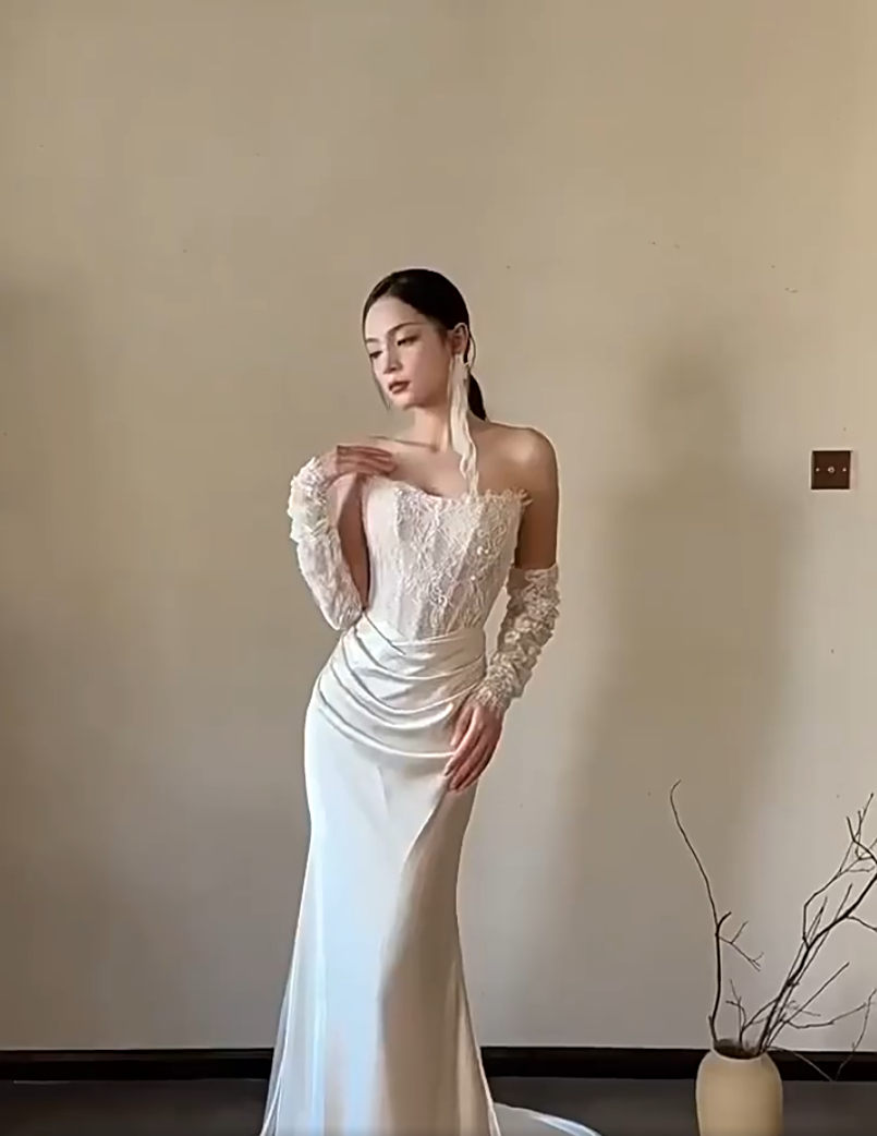 Refined Strapless Mermaid Wedding Dress Lace Sequins Satin Bridal Outfit AP6883