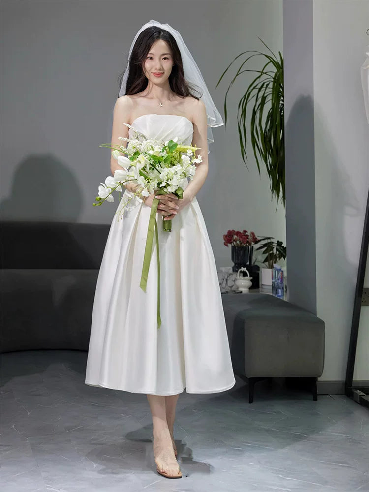 Superb Strapless A-Line Wedding Dress With Veil Pleated Satin Bridal Gown AP6886