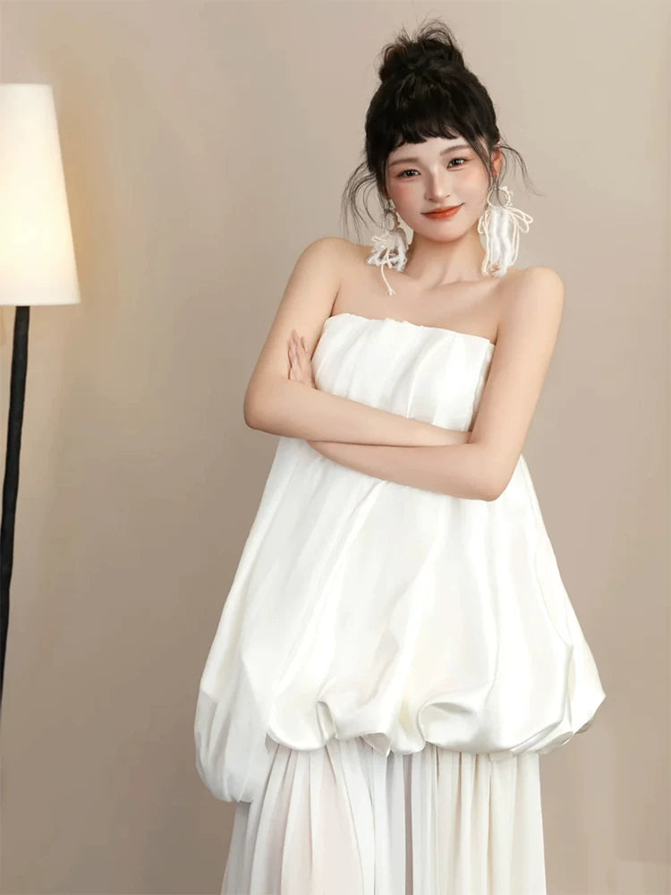 Flowy Strapless Slit Wedding Dress Tiered Sheath Bridal Gown AP6887