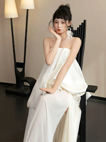 Flowy Strapless Slit Wedding Dress Tiered Sheath Bridal Gown AP6887