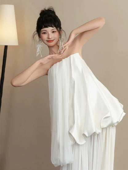 Flowy Strapless Slit Wedding Dress Tiered Sheath Bridal Gown AP6887