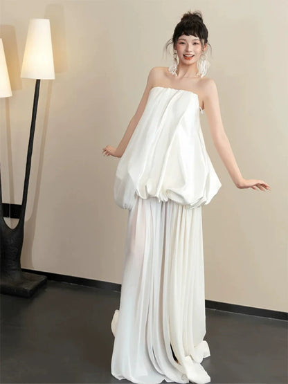 Flowy Strapless Slit Wedding Dress Tiered Sheath Bridal Gown AP6887