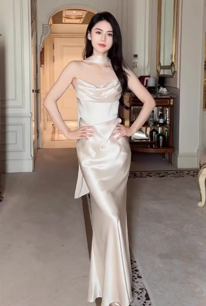 Wonderful Strapless Champagne Prom Dress With Scarf Sheath Draped Satin Formal Dress AP6888