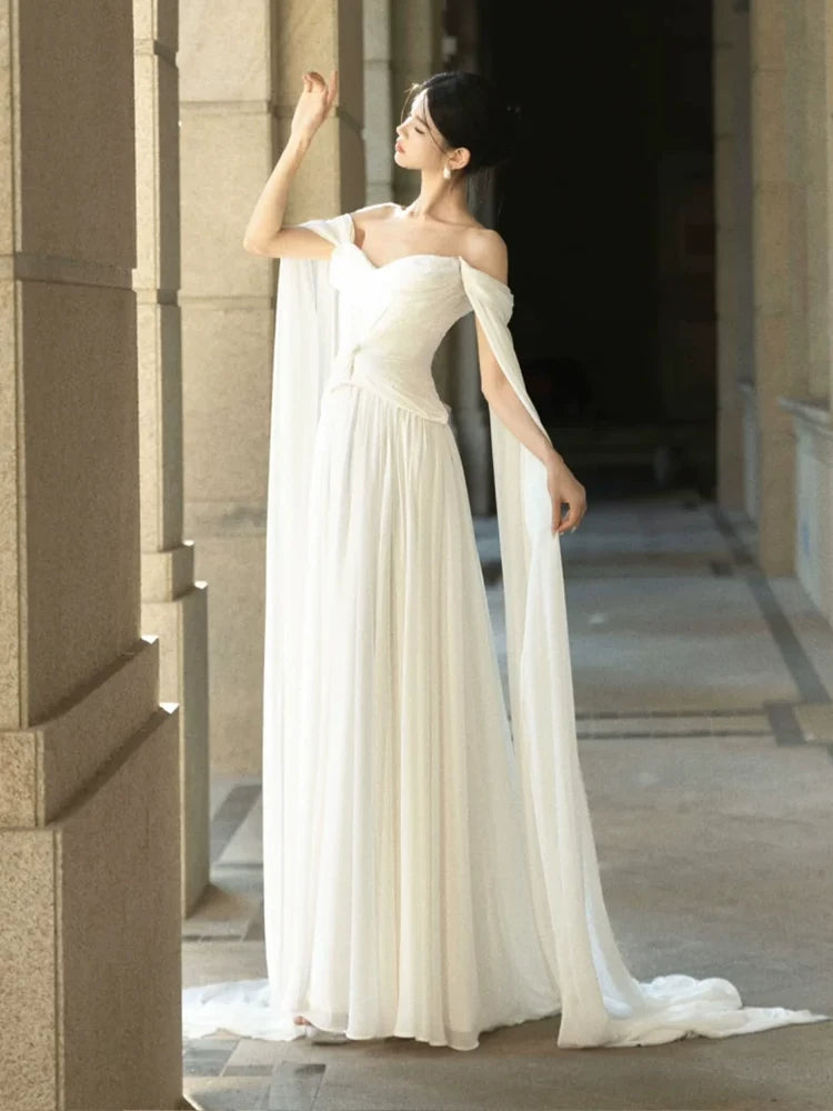 Amazing Off-Shoulder A-Line Wedding Dress White Flowy Bridal Outfit AP6889