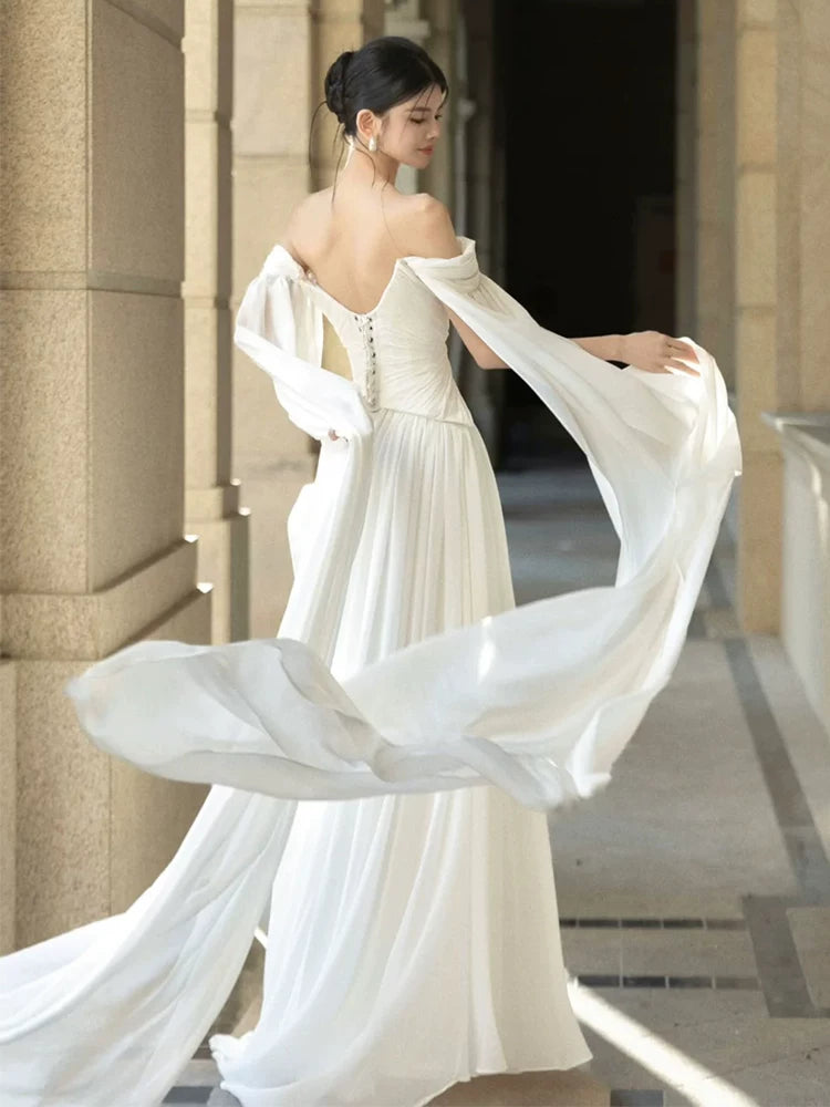 Amazing Off-Shoulder A-Line Wedding Dress White Flowy Bridal Outfit AP6889