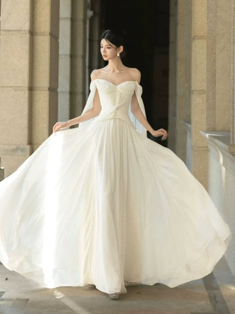 Amazing Off-Shoulder A-Line Wedding Dress White Flowy Bridal Outfit AP6889