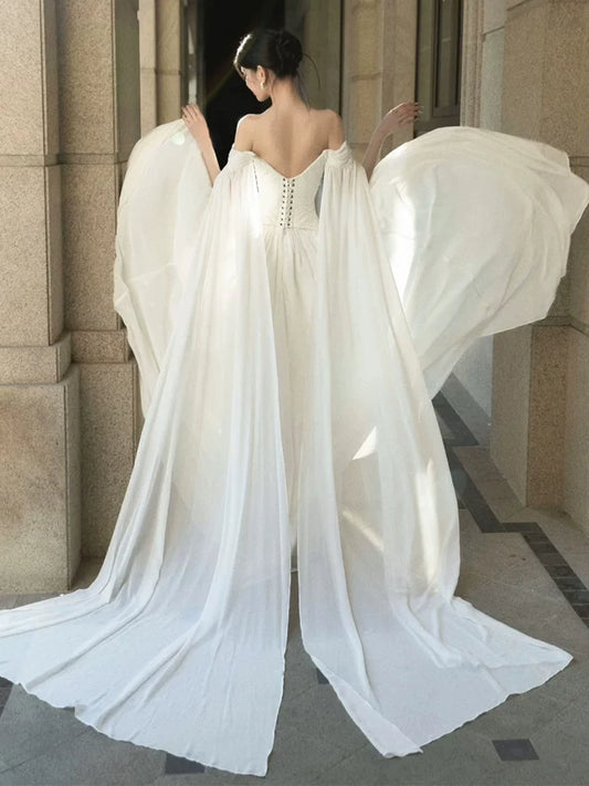 Amazing Off-Shoulder A-Line Wedding Dress White Flowy Bridal Outfit AP6889