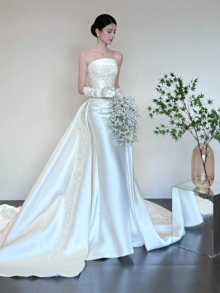Appealing A-Line Satin Wedding Dress Strapless Sequins Beaded Bridal Outfit AP6890