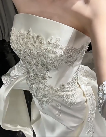 Appealing A-Line Satin Wedding Dress Strapless Sequins Beaded Bridal Outfit AP6890