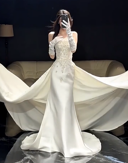 Appealing A-Line Satin Wedding Dress Strapless Sequins Beaded Bridal Outfit AP6890