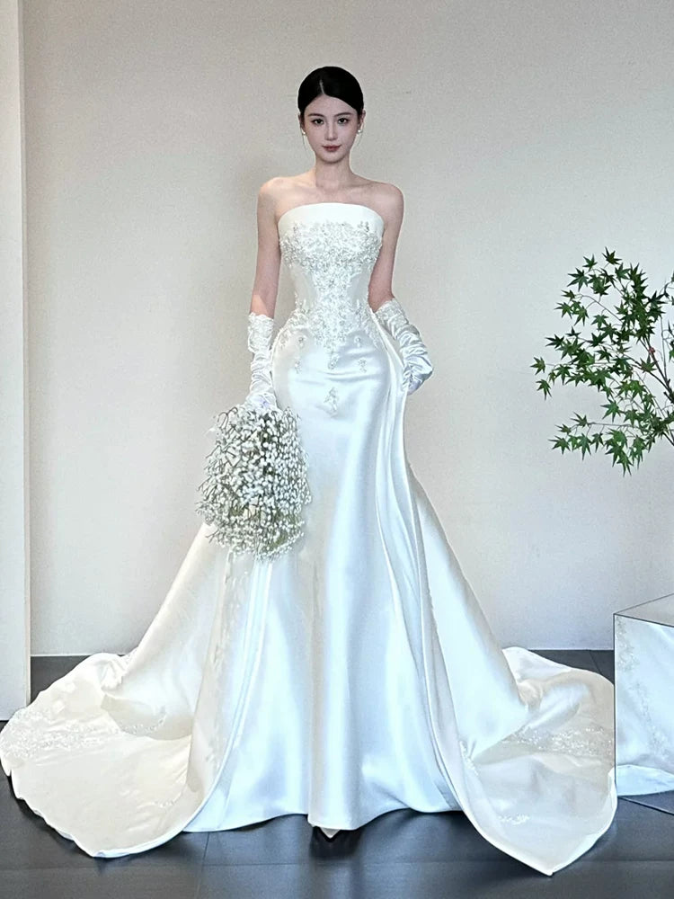 Appealing A-Line Satin Wedding Dress Strapless Sequins Beaded Bridal Outfit AP6890