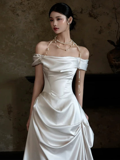 Enticing Off-Shoulder A-Line Wedding Dress Ruched Satin Bridal Outfit AP6893