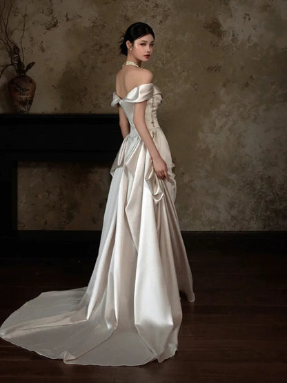 Enticing Off-Shoulder A-Line Wedding Dress Ruched Satin Bridal Outfit AP6893
