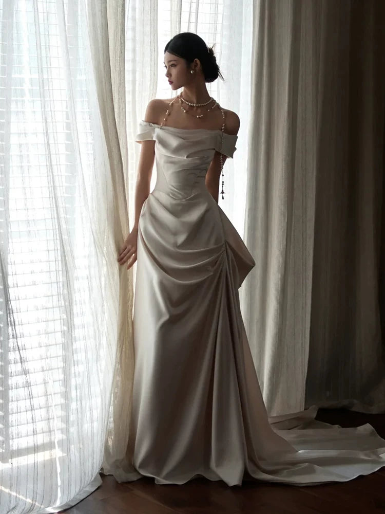 Enticing Off-Shoulder A-Line Wedding Dress Ruched Satin Bridal Outfit AP6893