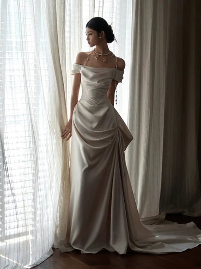 Enticing Off-Shoulder A-Line Wedding Dress Ruched Satin Bridal Outfit AP6893