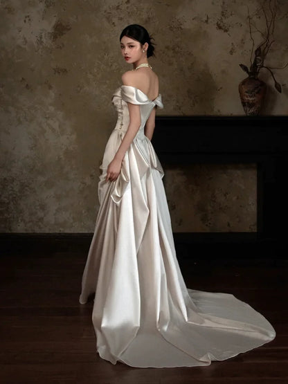 Enticing Off-Shoulder A-Line Wedding Dress Ruched Satin Bridal Outfit AP6893