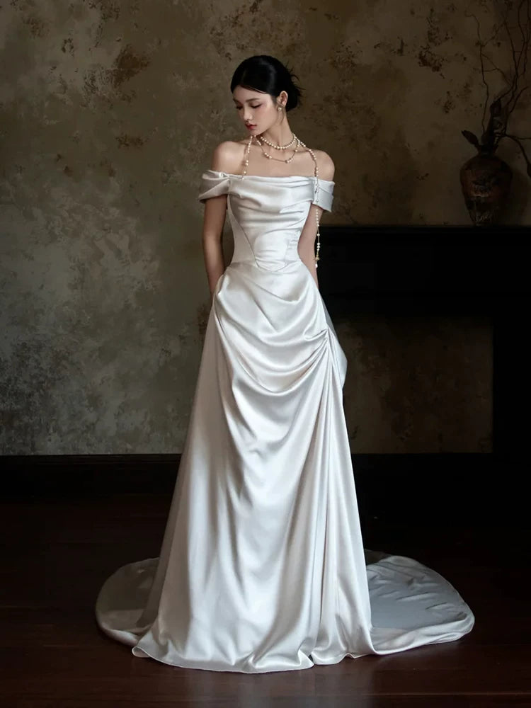 Enticing Off-Shoulder A-Line Wedding Dress Ruched Satin Bridal Outfit AP6893