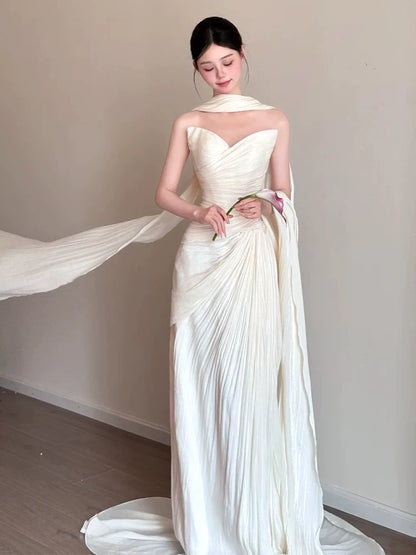 Avant-Garde Strapless High-Slit Wedding Dress With Scarf Sheath Pleated Bridal Dress AP6894