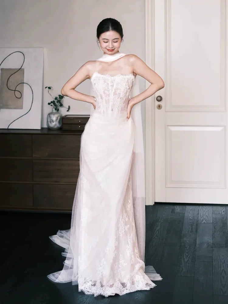 Eye-Catching Strapless Wedding Dress With Scarf Lace Beads Sheath Bridal Dress AP6895