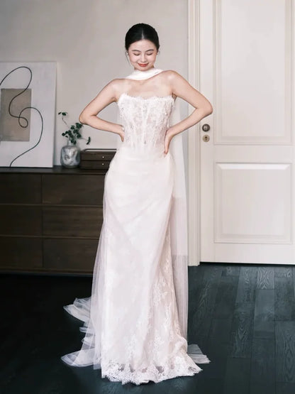 Eye-Catching Strapless Wedding Dress With Scarf Lace Beads Sheath Bridal Dress AP6895