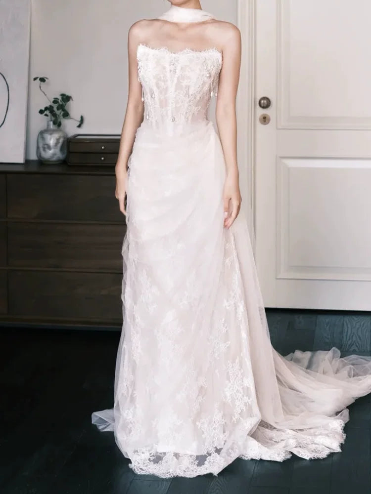 Eye-Catching Strapless Wedding Dress With Scarf Lace Beads Sheath Bridal Dress AP6895